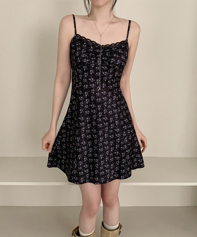 フラワーレースシャーリングキャミソールワンピース BLACK