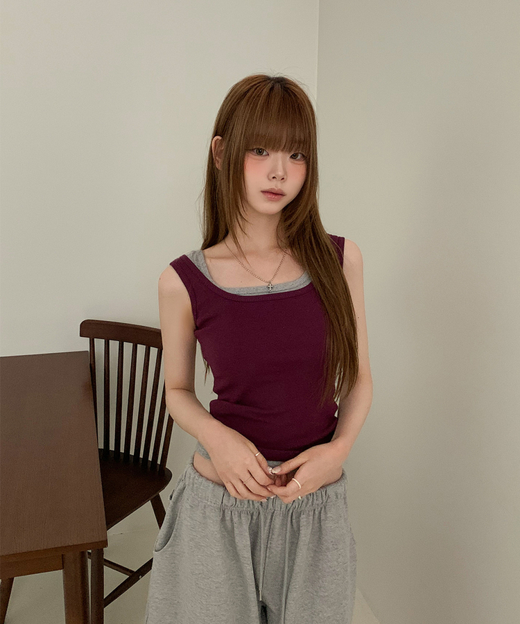 リブラウンドネックタンクトップ(9color) WINE