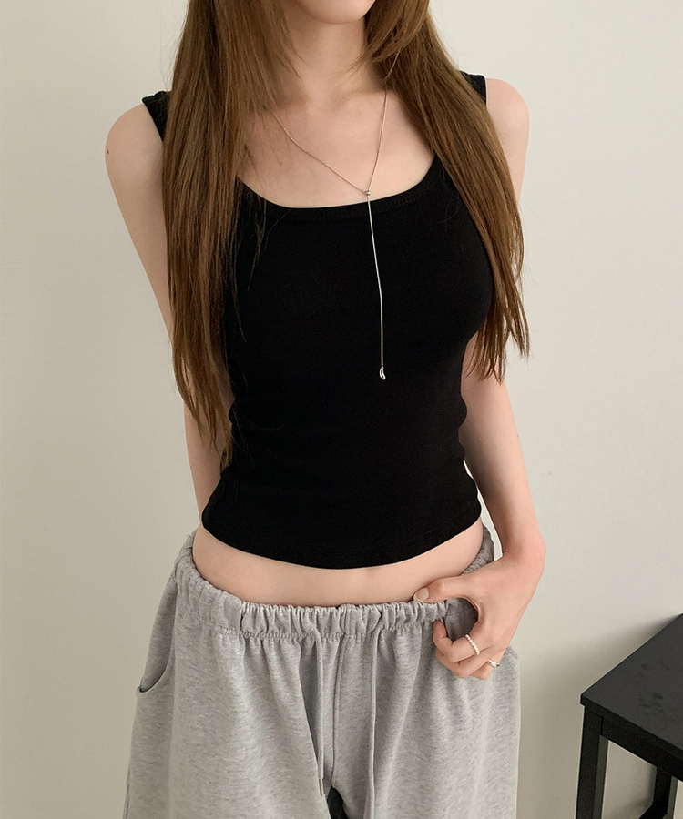 リブラウンドネックタンクトップ(9color) BLACK