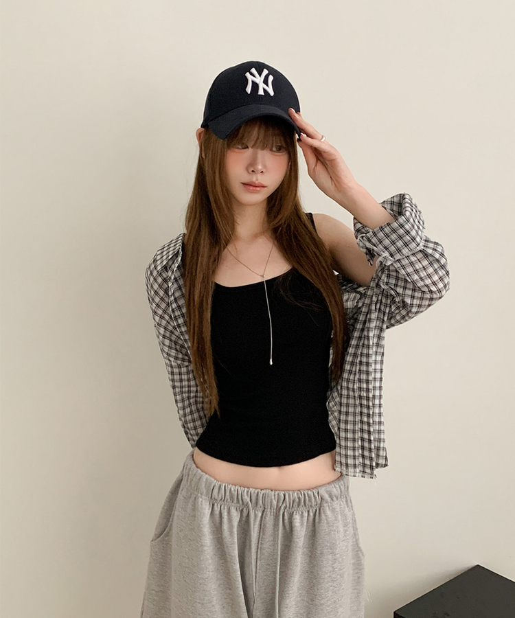 リブラウンドネックタンクトップ(9color) BLACK