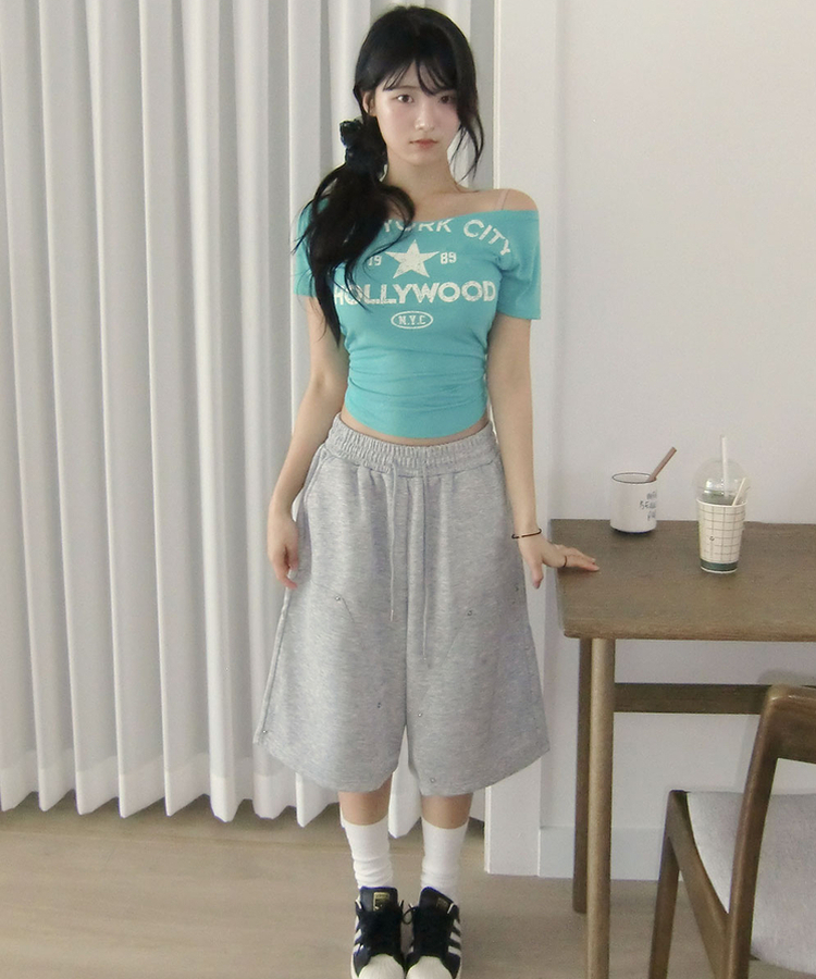 포오포 보트넥 레터링 크랙나염 밑단굴림 슬림핏 반팔 티셔츠 민트