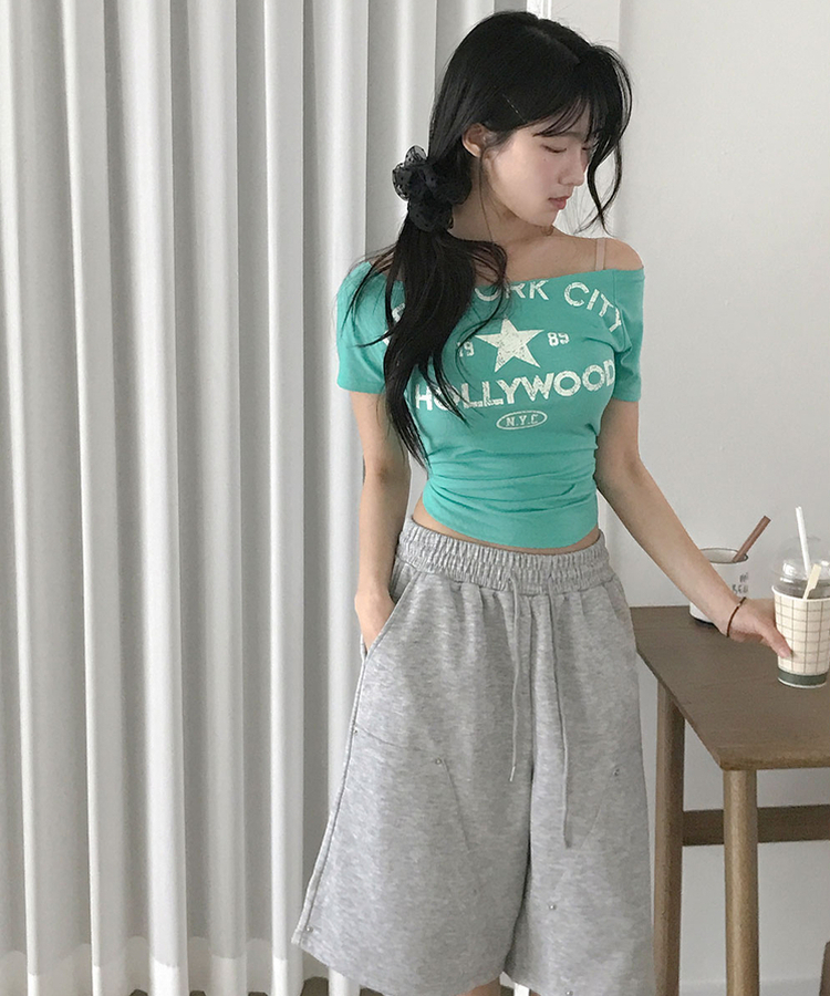 포오포 보트넥 레터링 크랙나염 밑단굴림 슬림핏 반팔 티셔츠 민트