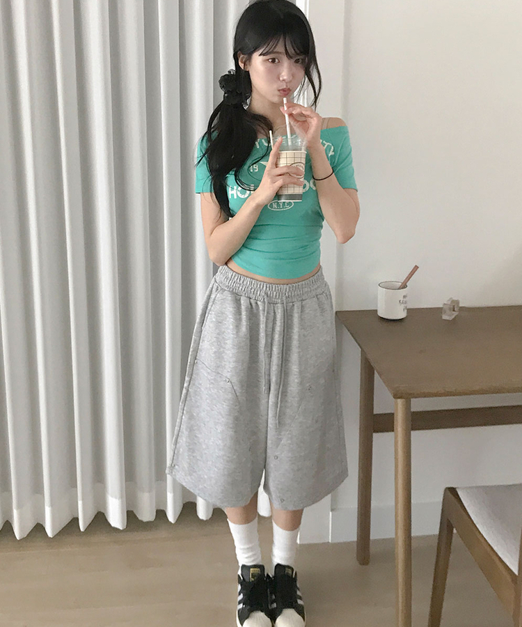 포오포 보트넥 레터링 크랙나염 밑단굴림 슬림핏 반팔 티셔츠 민트
