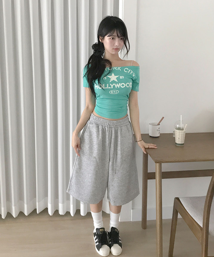포오포 보트넥 레터링 크랙나염 밑단굴림 슬림핏 반팔 티셔츠 민트
