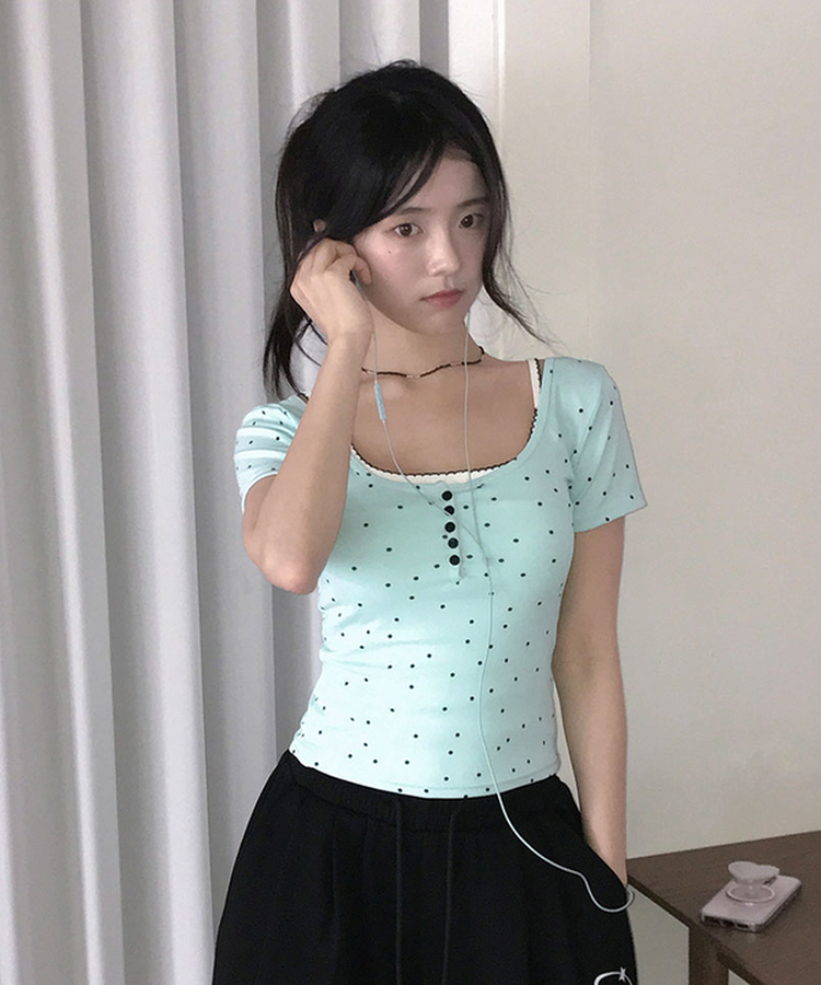 키로 스티치 도트 버튼 나시유넥 민트 도트 반팔 티셔츠 세트 민트