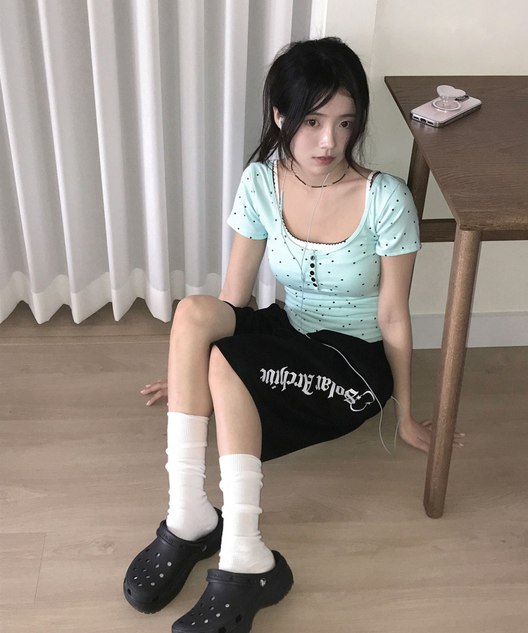 키로 스티치 도트 버튼 나시유넥 민트 도트 반팔 티셔츠 세트 민트