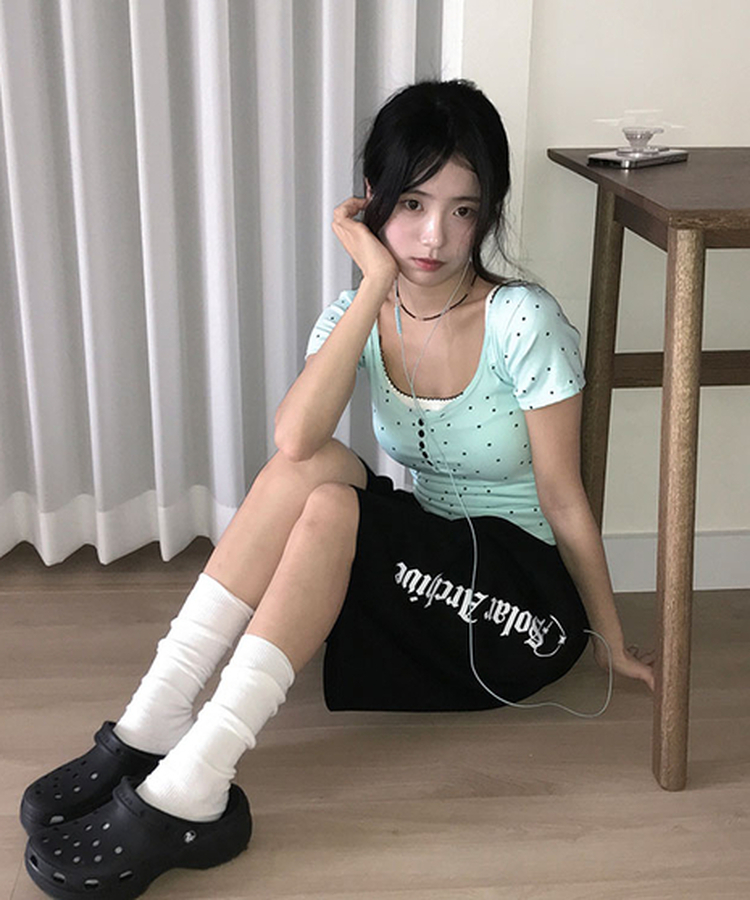 키로 스티치 도트 버튼 나시유넥 민트 도트 반팔 티셔츠 세트 민트