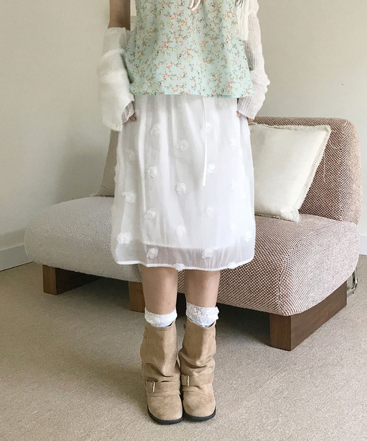 フラワーシフォンミディスカート WHITE