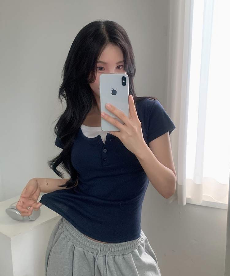일체형 유넥 버튼 반팔티셔츠 8color 네이비