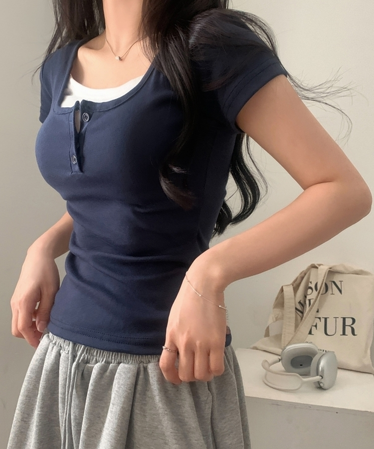 일체형 유넥 버튼 반팔티셔츠 8color 네이비