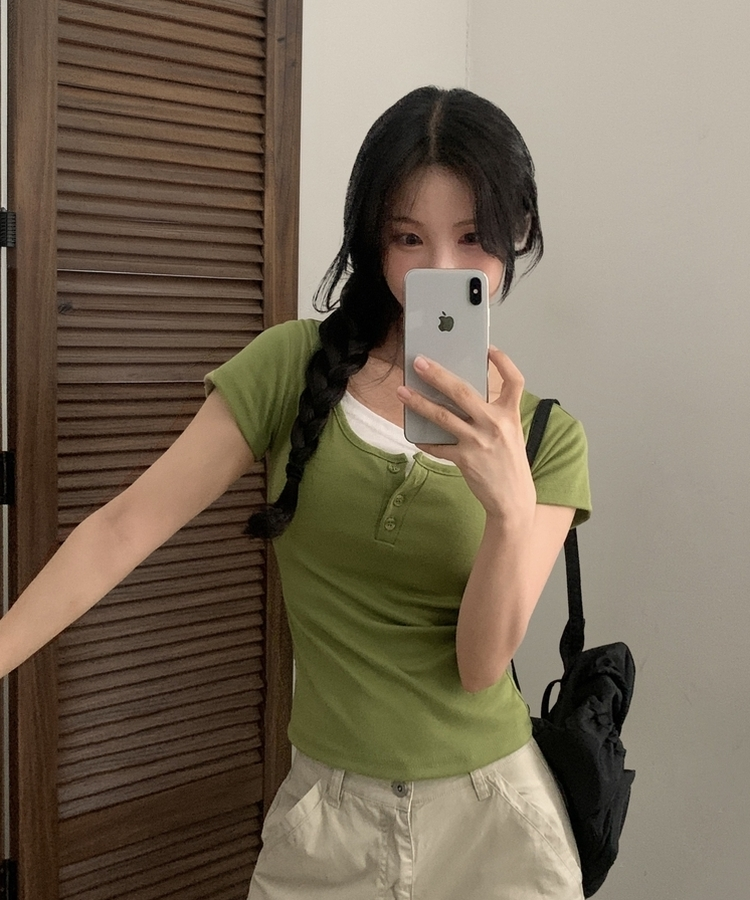 일체형 유넥 버튼 반팔티셔츠 8color 올리브