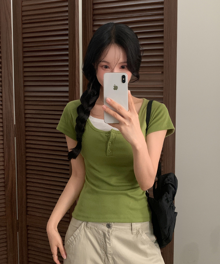 일체형 유넥 버튼 반팔티셔츠 8color 올리브
