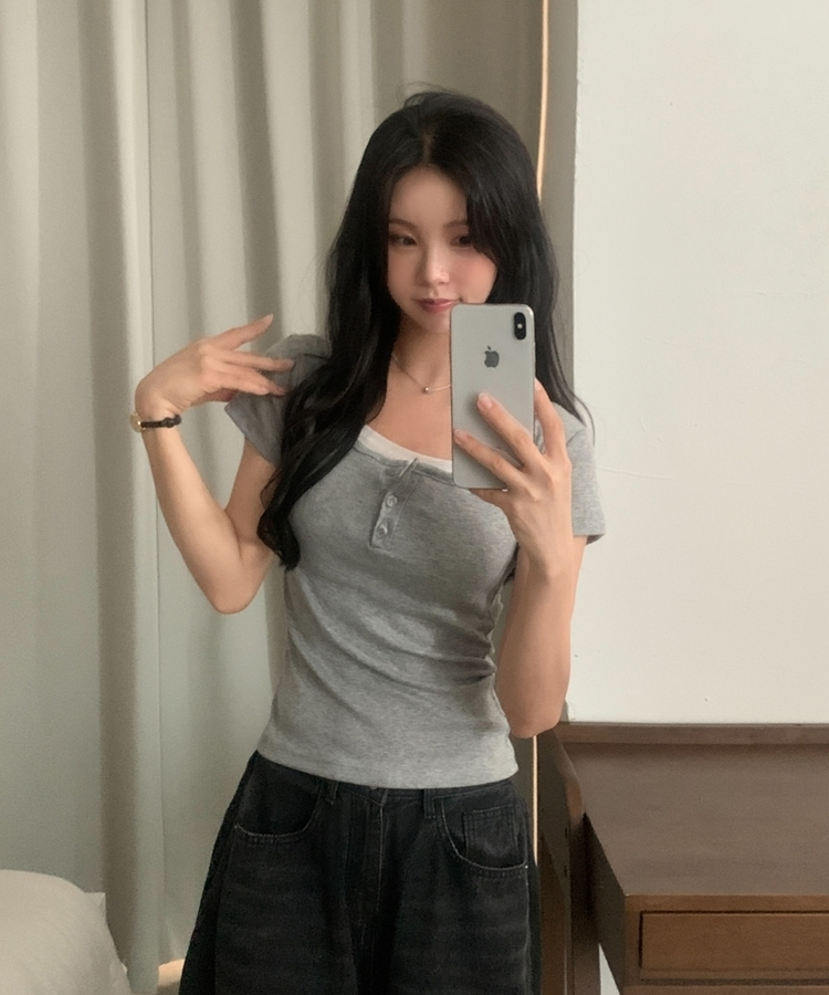 일체형 유넥 버튼 반팔티셔츠 8color 멜란지그레이