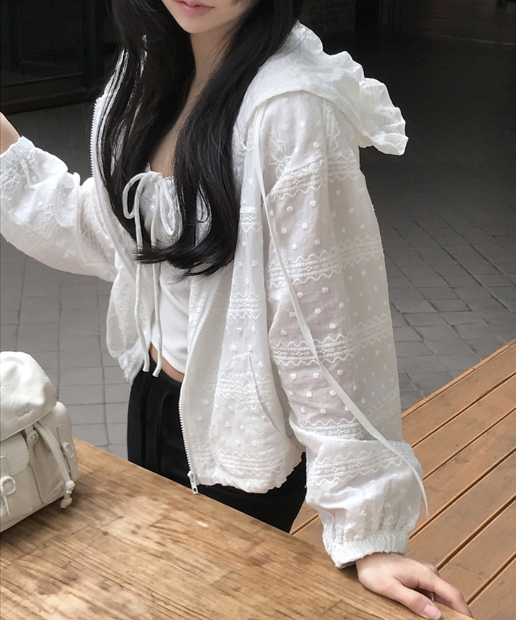 Made 밀레 시스루 프릴 도트 레이스 후드집업바람막이 화이트