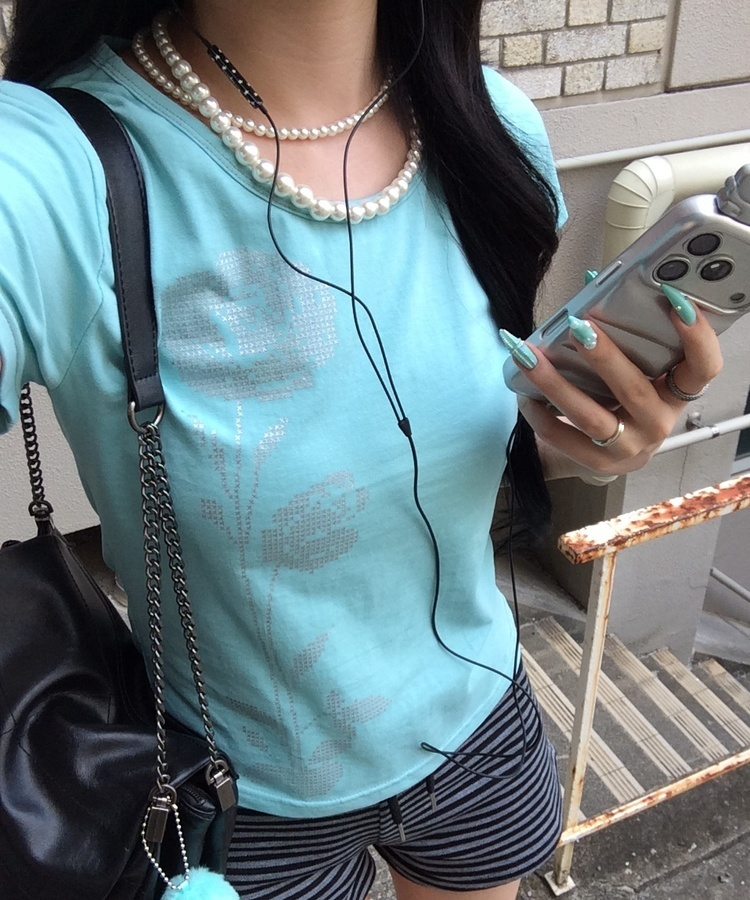 シルバーローズスリム半袖Tシャツ MINT