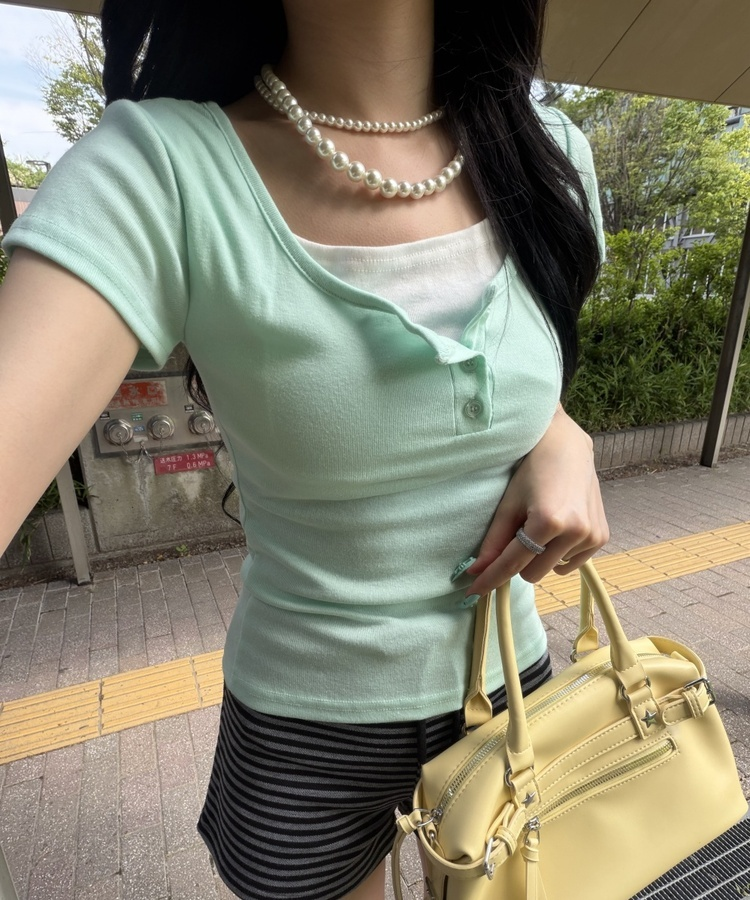 レイヤードヘンリーネック半袖Tシャツ MINT
