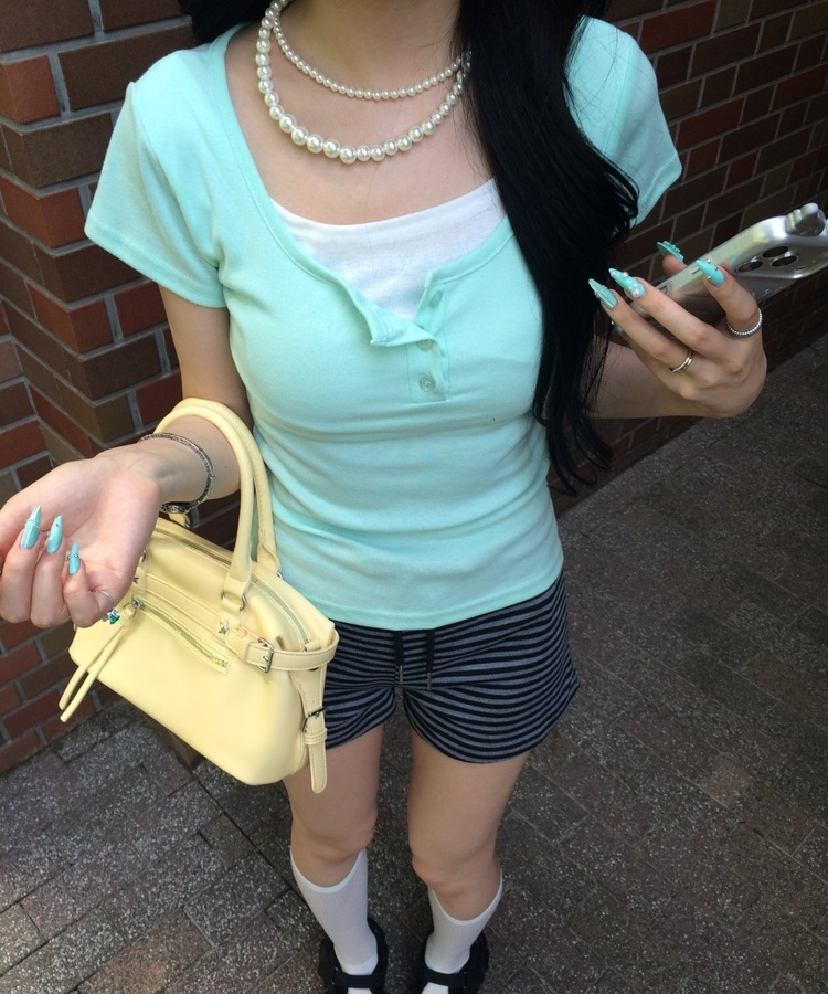 レイヤードヘンリーネック半袖Tシャツ MINT