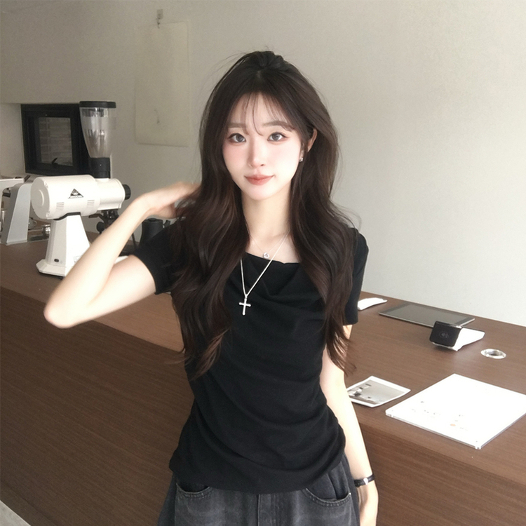 풀하우스 드레이프 보트넥 여름 반팔 티셔츠 꼬임 오프숄더 반팔티 루즈핏 결혼식 블라우스 하객룩 셔링 상의 4color 블랙