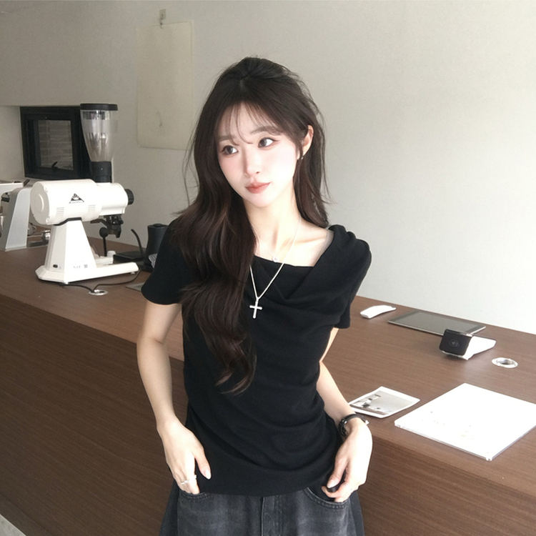 풀하우스 드레이프 보트넥 여름 반팔 티셔츠 꼬임 오프숄더 반팔티 루즈핏 결혼식 블라우스 하객룩 셔링 상의 4color 블랙