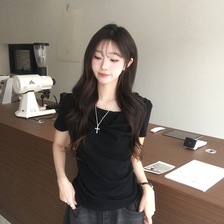 풀하우스 드레이프 보트넥 여름 반팔 티셔츠 꼬임 오프숄더 반팔티 루즈핏 결혼식 블라우스 하객룩 셔링 상의 4color 블랙