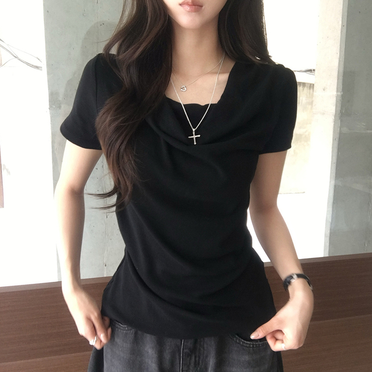 풀하우스 드레이프 보트넥 여름 반팔 티셔츠 꼬임 오프숄더 반팔티 루즈핏 결혼식 블라우스 하객룩 셔링 상의 4color 블랙