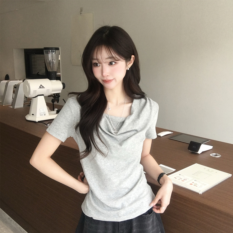 풀하우스 드레이프 보트넥 여름 반팔 티셔츠 꼬임 오프숄더 반팔티 루즈핏 결혼식 블라우스 하객룩 셔링 상의 4color 그레이