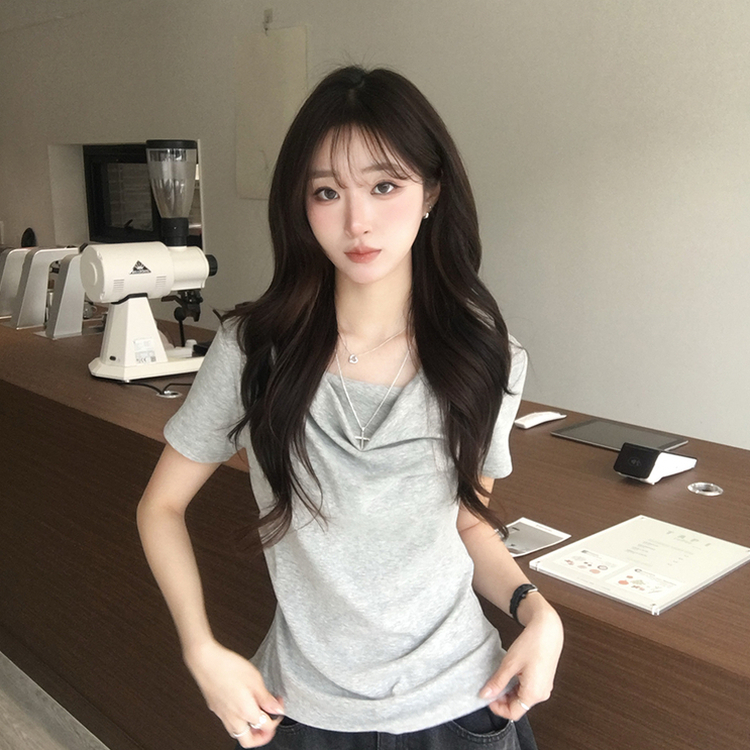 풀하우스 드레이프 보트넥 여름 반팔 티셔츠 꼬임 오프숄더 반팔티 루즈핏 결혼식 블라우스 하객룩 셔링 상의 4color 그레이