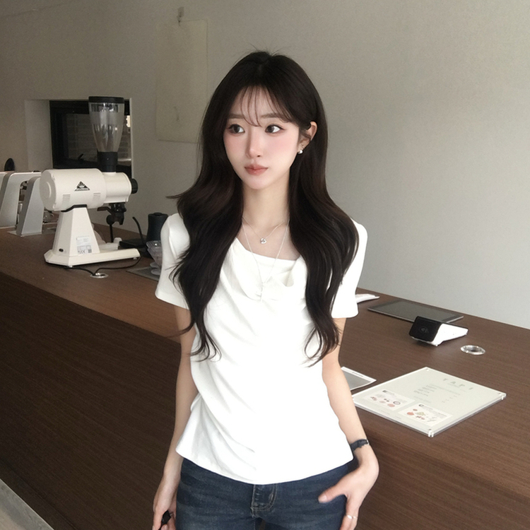 풀하우스 드레이프 보트넥 여름 반팔 티셔츠 꼬임 오프숄더 반팔티 루즈핏 결혼식 블라우스 하객룩 셔링 상의 4color 화이트