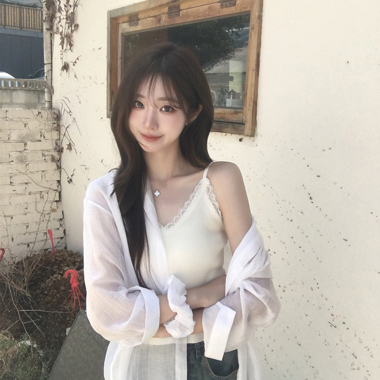なーさん様翌日発送キャミホワイト SET】UVカットシアーオーバーサイズシャツ レースキャミ シュシュ