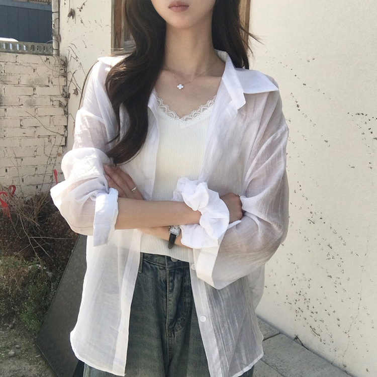 SET】UVカットシアーオーバーサイズシャツ レースキャミ シュシュ