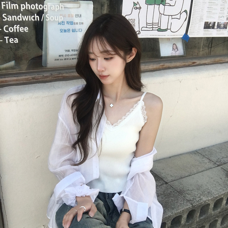 SET】UVカットシアーオーバーサイズシャツ レースキャミ シュシュ