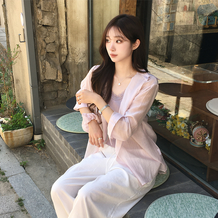 SET】UVカットシアーオーバーサイズシャツ レースキャミ シュシュ