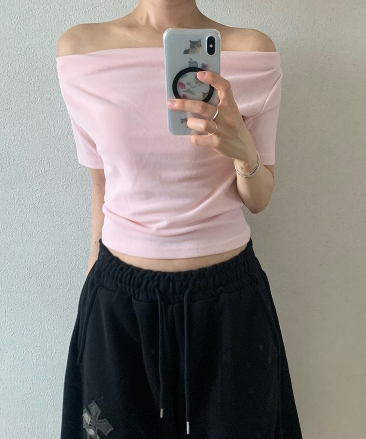 クロップドドレープオフショル半袖Tシャツ PINK