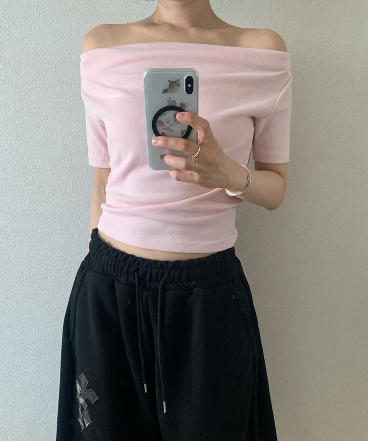 クロップドドレープオフショル半袖Tシャツ PINK