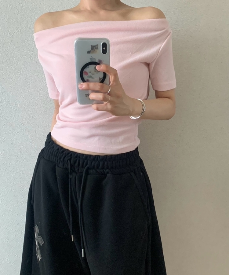 クロップドドレープオフショル半袖Tシャツ PINK