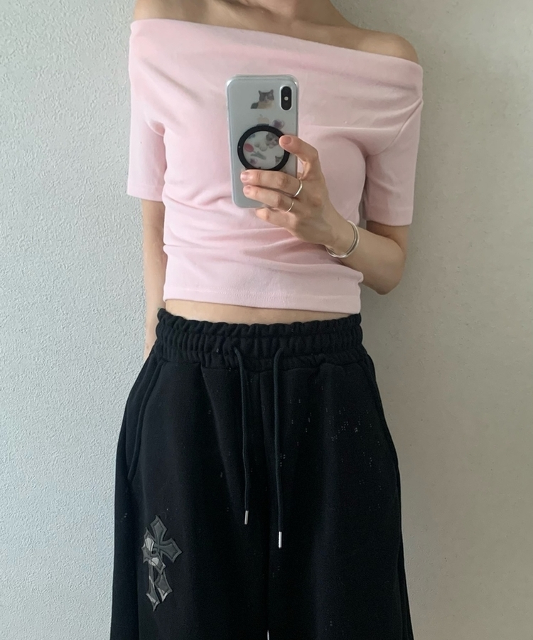 クロップドドレープオフショル半袖Tシャツ PINK