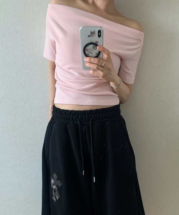 クロップドドレープオフショル半袖Tシャツ PINK