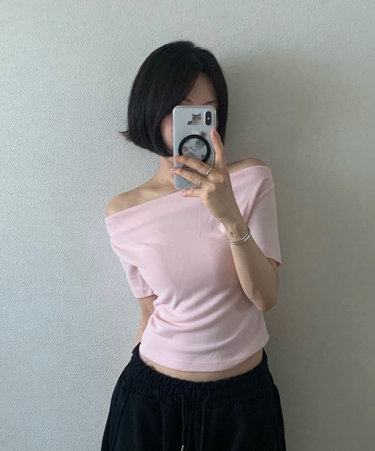 クロップドドレープオフショル半袖Tシャツ PINK