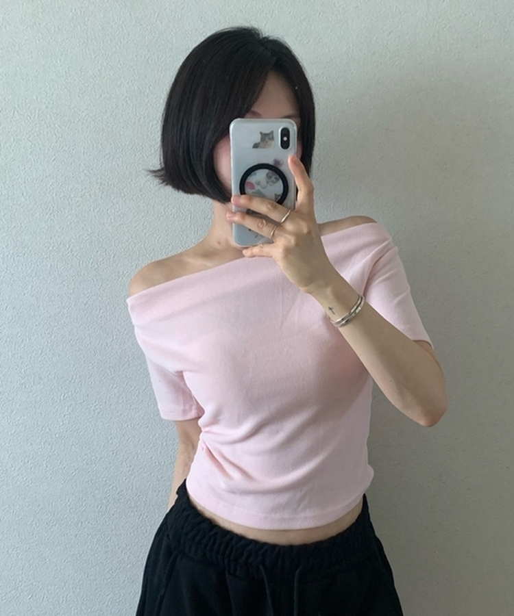 クロップドドレープオフショル半袖Tシャツ PINK