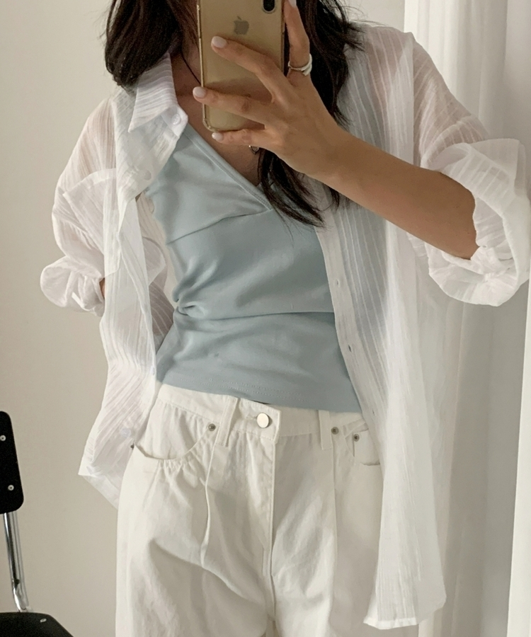 シアーストライプカラーネックシャツ IVORY