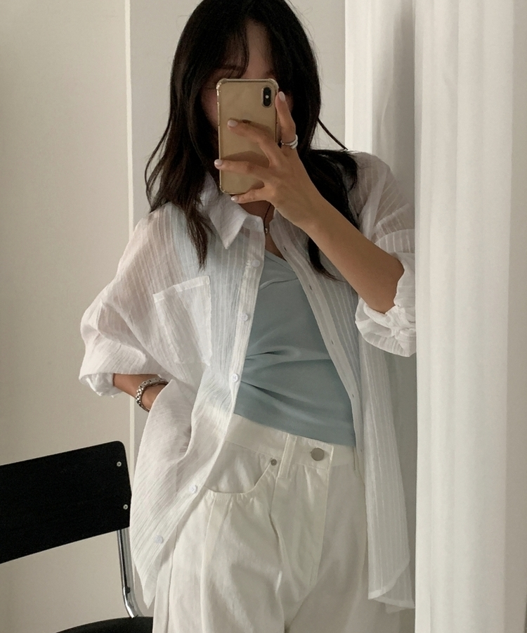 シアーストライプカラーネックシャツ IVORY