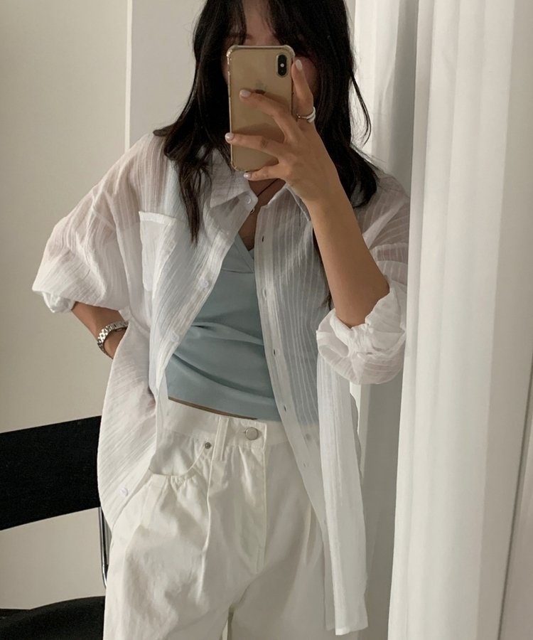 シアーストライプカラーネックシャツ IVORY