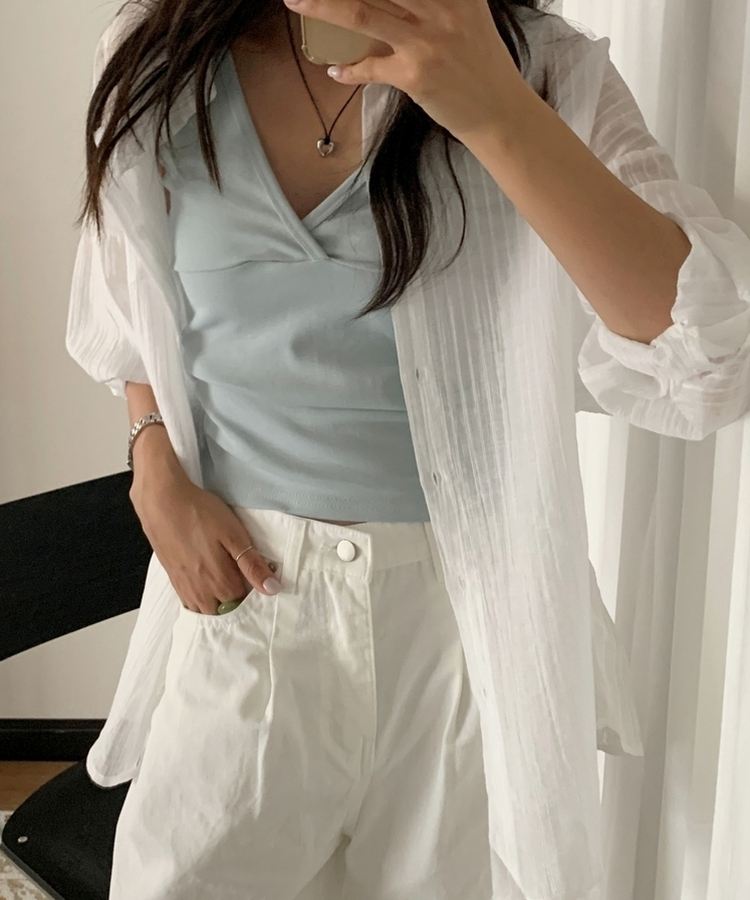 シアーストライプカラーネックシャツ IVORY