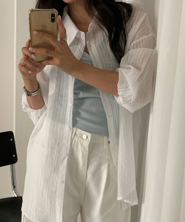 シアーストライプカラーネックシャツ IVORY