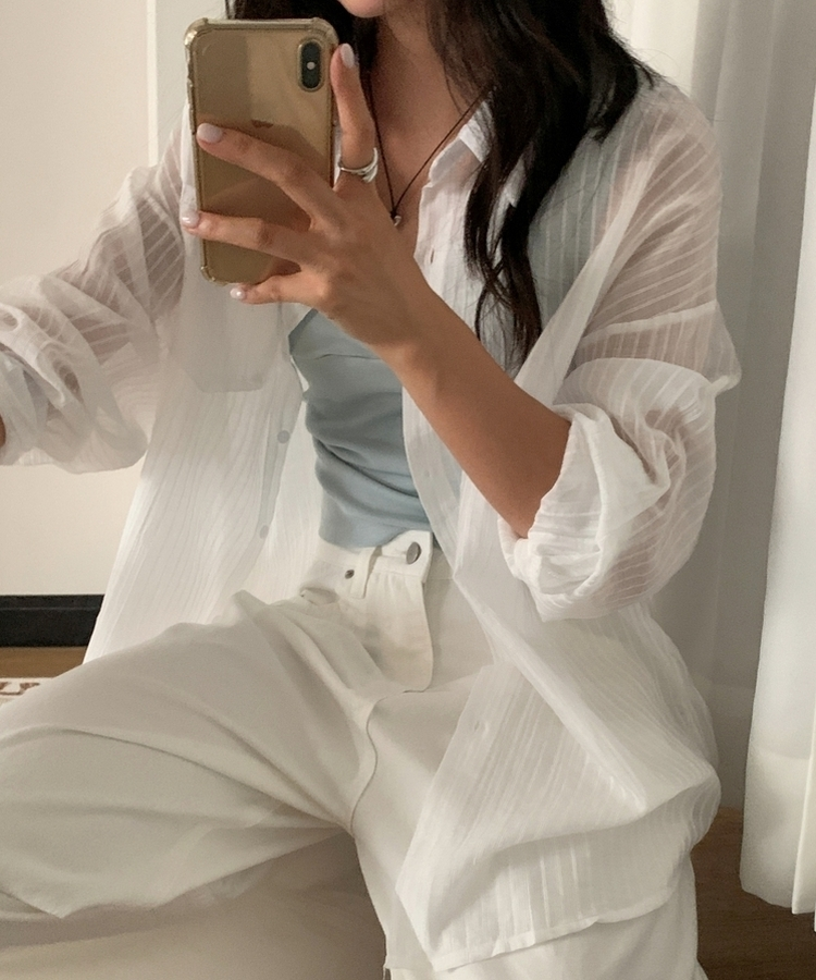 シアーストライプカラーネックシャツ IVORY