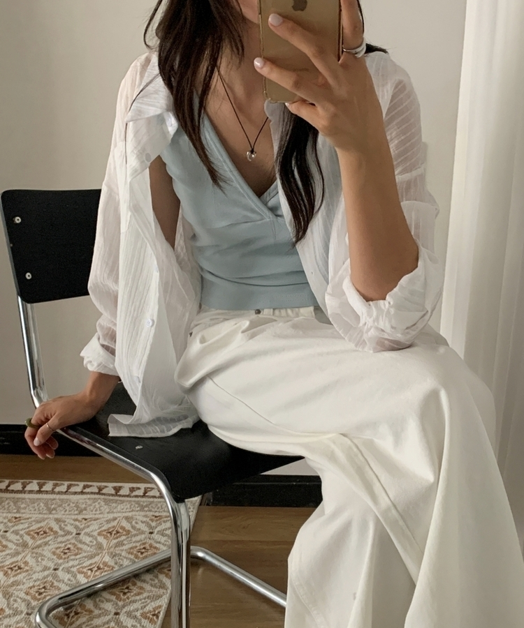 シアーストライプカラーネックシャツ IVORY