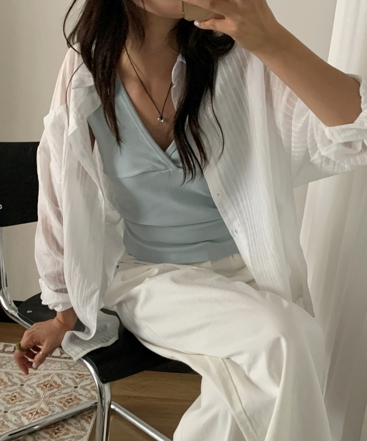 シアーストライプカラーネックシャツ IVORY