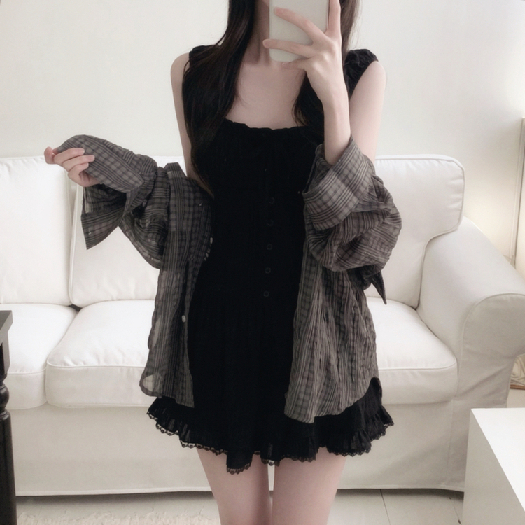 レースフリルキャミワンピース BLACK
