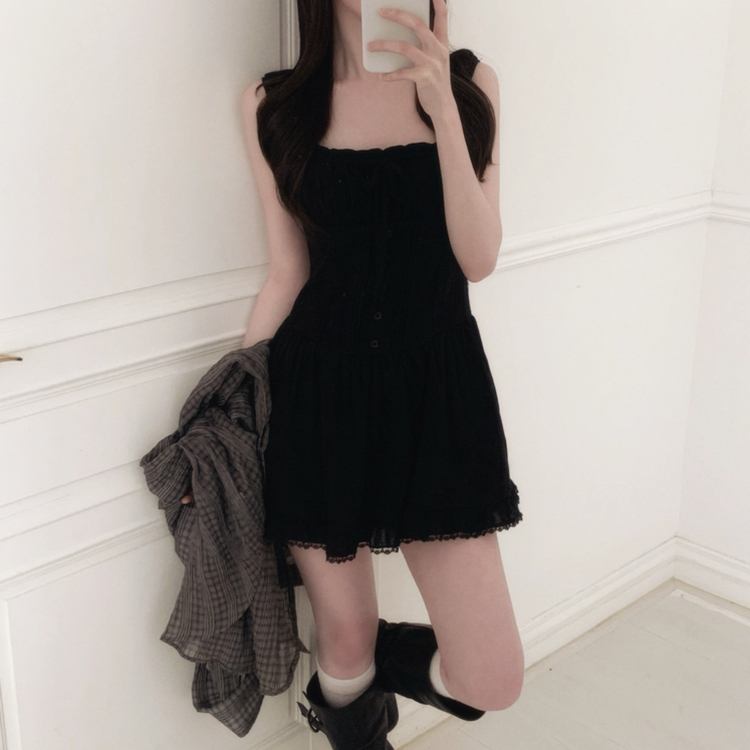 レースフリルキャミワンピース BLACK