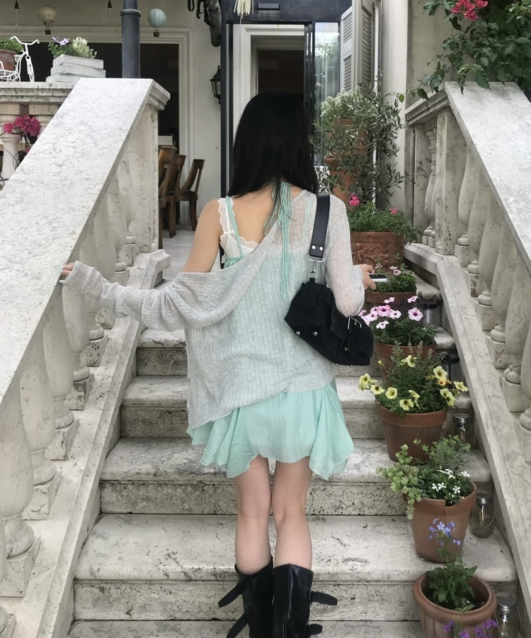 시스루 골지 슬림 가디건 연그레이